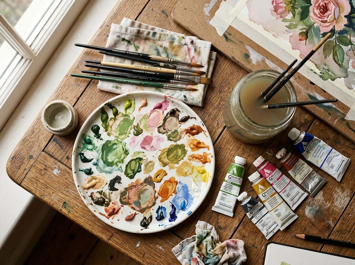 Ceramic palette and Kolinsky sable brushes on wooden studio desk showing hand-ground gouache swatches in olive, terracotta, and sepia