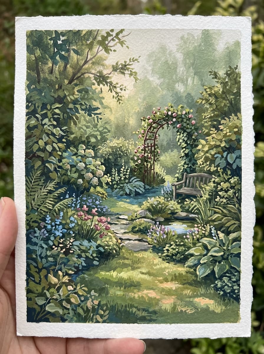 The Quiet Garden — Original gouache painting by Rhitambara